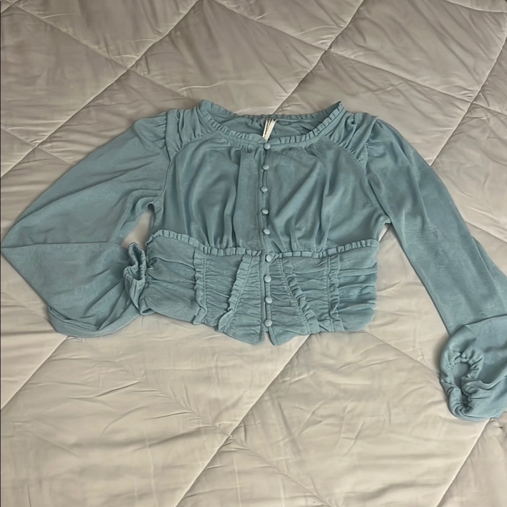 Anthropologie Green Ruched Crop Blouse with Peter Pan Collar